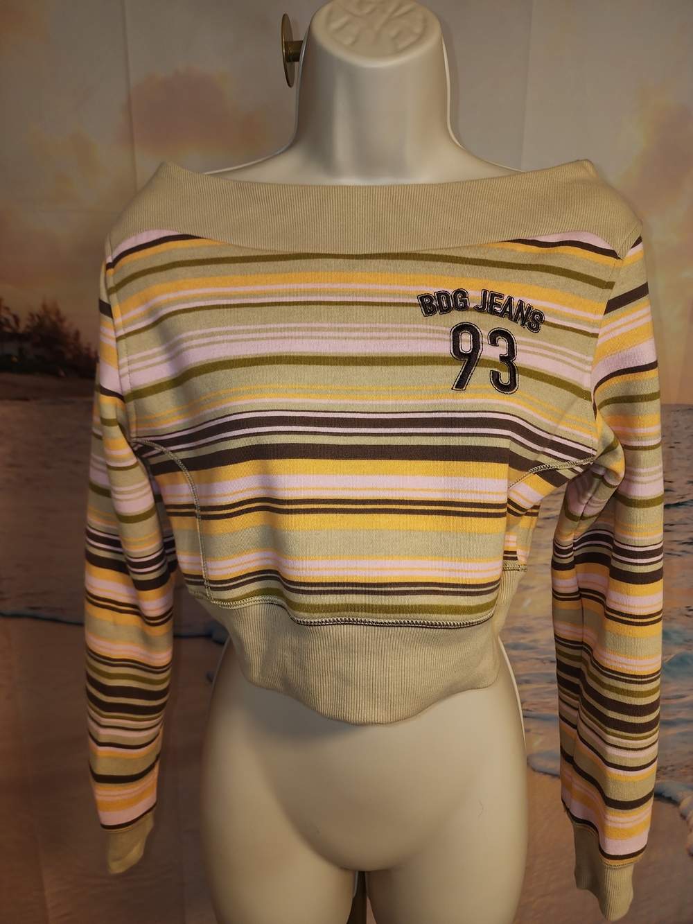BDG Striped Off-Shoulder Cropped Sweatshirt in Pink, Olive & Yellow